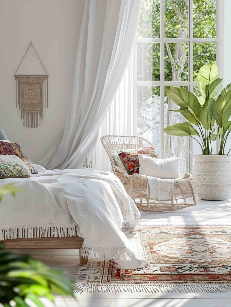 A refreshing bedroom decorated in neutral tones, with a cozy white bed layered with soft bedding. Large windows bathe the room in natural light. A wicker chair in the corner with colorful cushions and a potted plant brings an earthy feel to the bright space.