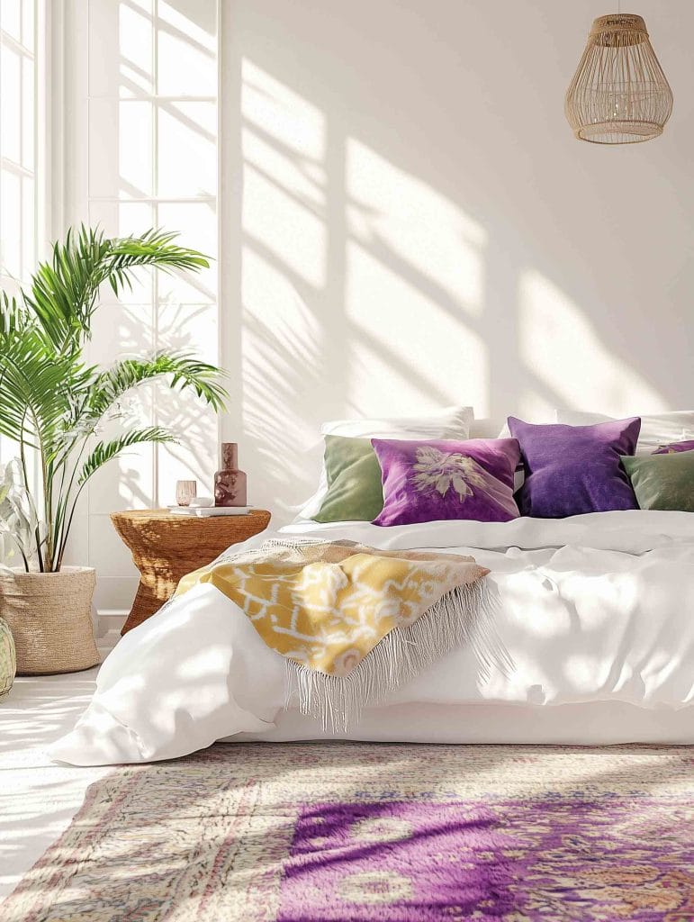 A bright and cozy bedroom with a boho design, featuring a bed with white linens and purple and green throw pillows. A woven rattan table and plant decor add texture to the space. Sunlight streams in through the large windows, casting light and shadows across the room and a soft patterned rug beneath the bed.