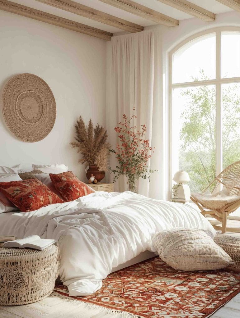 A peaceful bedroom featuring a large white bed adorned with red and beige accent pillows. The natural jute rug and wicker side table blend seamlessly with the room’s organic, earthy palette. Large windows allow plenty of natural light, creating a calm and airy atmosphere.