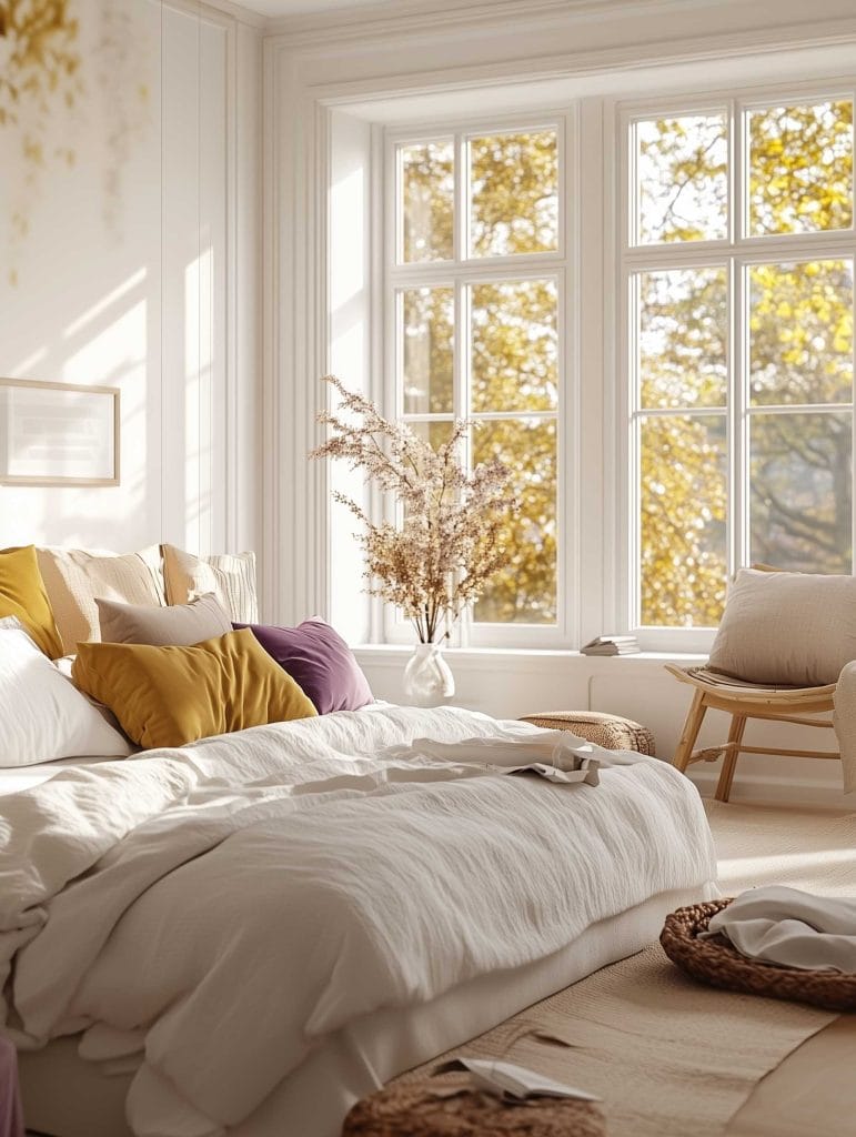 A sun-filled bedroom with large windows illuminating the soft, neutral bedding in shades of white and beige. The room is accented with bright yellow and purple pillows, a cozy chair, and a woven basket. Decorative branches sit in a glass vase by the window, enhancing the natural and calming atmosphere of the space.