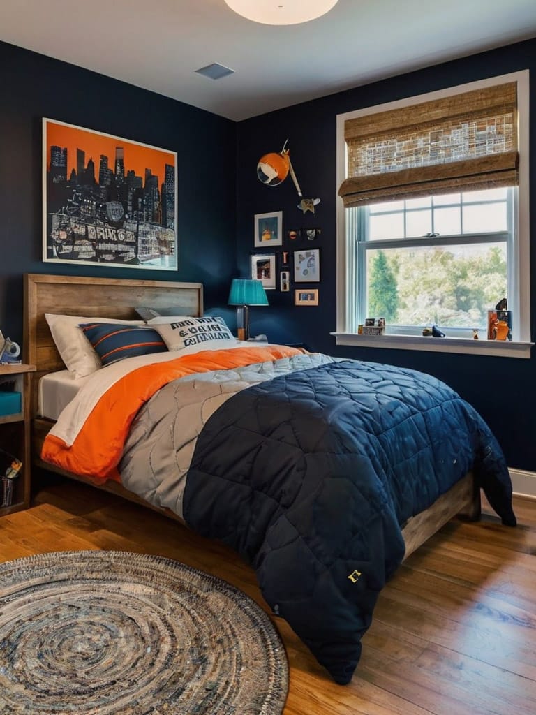 A teen boy’s room with a cityscape artwork, navy blue walls, and orange accents giving it a lively urban feel.