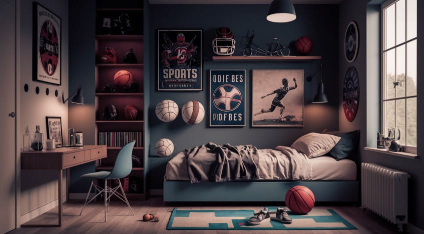 A teen boy’s room with sports-themed posters, memorabilia, and a cozy bed, ideal for a sports enthusiast.