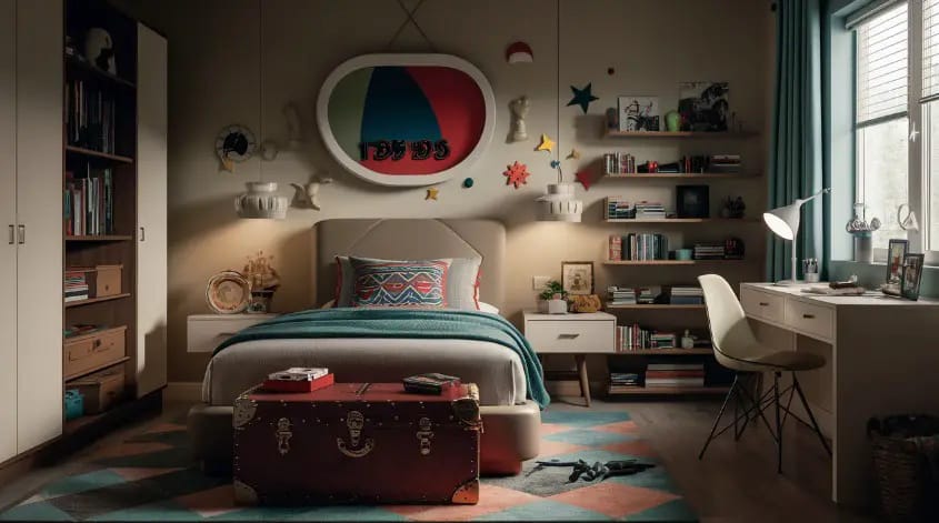 A teen boy’s room with retro-inspired decor, colorful bedding, and functional shelving for a charming and nostalgic vibe.