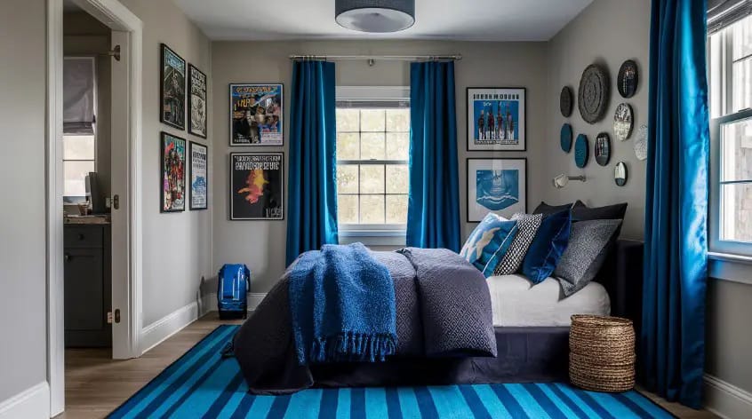 A teen boy’s room with a vibrant blue color scheme, accented by wall art and cozy bedding for a harmonious feel.