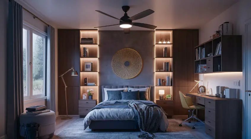 A teen boy’s room with warm wood accents, soft lighting, and built-in shelves creating a cozy and stylish ambiance.