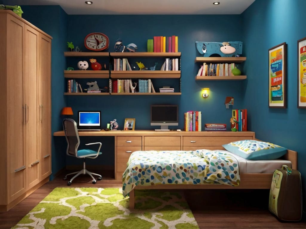 A teen boy’s room with bright teal walls, colorful bedding, and wooden furniture creating a playful and energetic atmosphere.