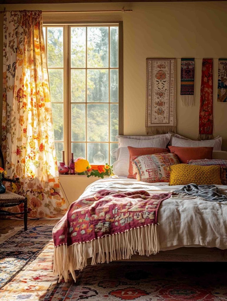 A warm, inviting bedroom filled with rich textures and cultural accents. The bed is adorned with a mix of patterned pillows in warm tones of mustard, rust, and maroon. A vibrant throw is draped across the bed, while the walls are decorated with tapestries and woven textiles. Sunlight filters through a large window, illuminating the space and creating a cozy, bohemian atmosphere.