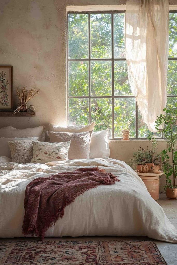 A warm, sunlit bedroom with a large window framed by flowing, sheer curtains. The bed is adorned with cozy pillows and a light throw in neutral tones, complemented by a textured maroon blanket. Potted plants on a side table add a natural touch, and a piece of framed botanical art sits on a rustic shelf.