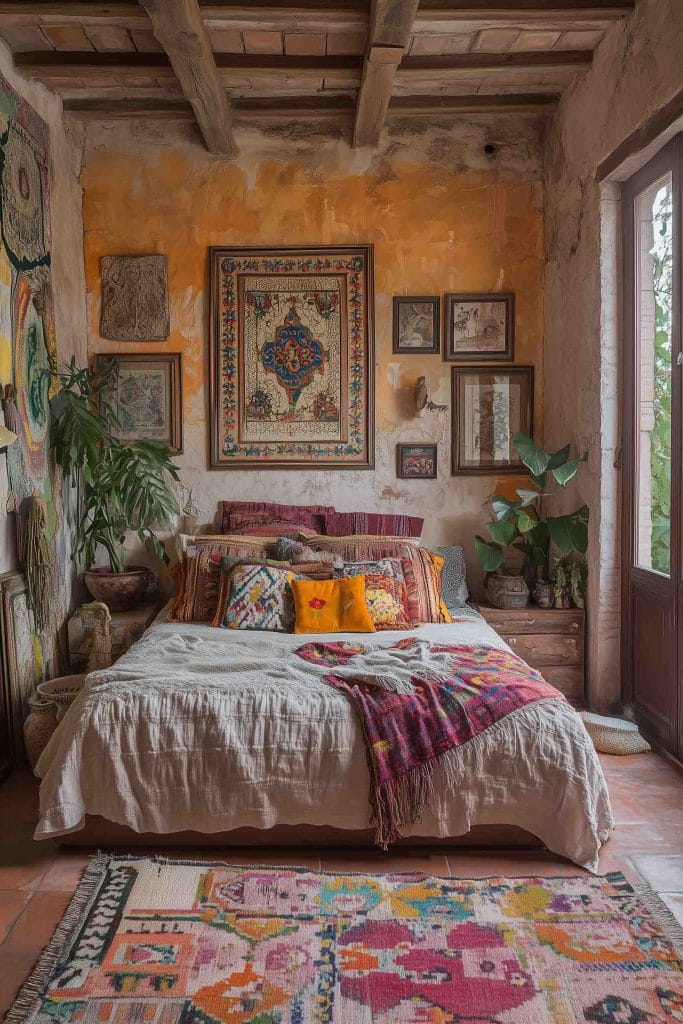 A beautifully eclectic bedroom featuring cultural textiles and artifacts. The bed is adorned with an array of patterned pillows and a woven blanket in rich, warm tones. A large tapestry hangs above the bed, while surrounding art pieces and plants add depth and character. The room’s earthy tones and rustic textures create a cozy and globally inspired atmosphere.