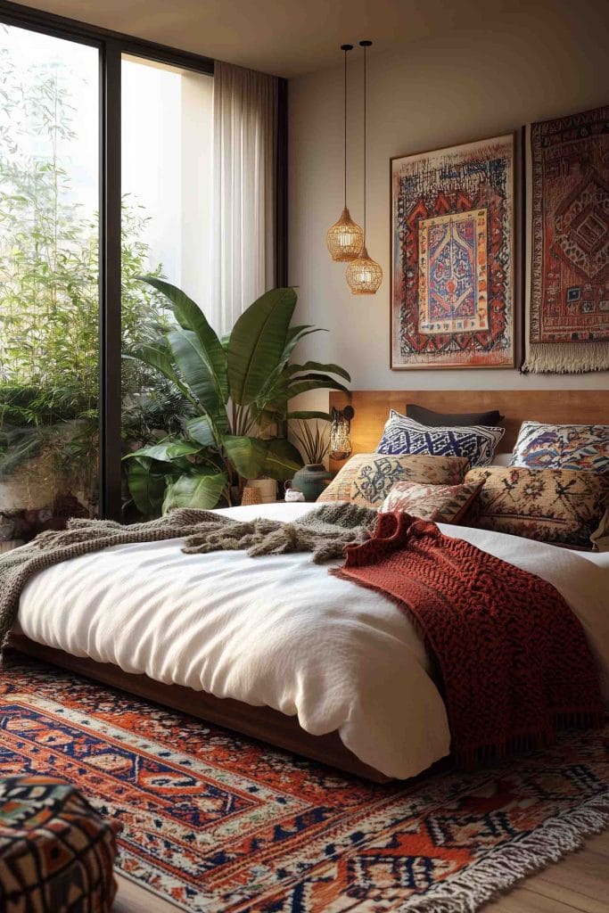 A cozy bedroom featuring a mix of eclectic and bohemian decor. The bed is centered with a variety of patterned pillows and a red-orange knitted throw. Above the bed, framed textiles hang on the wall, and large indoor plants near the window create a lush, serene atmosphere.