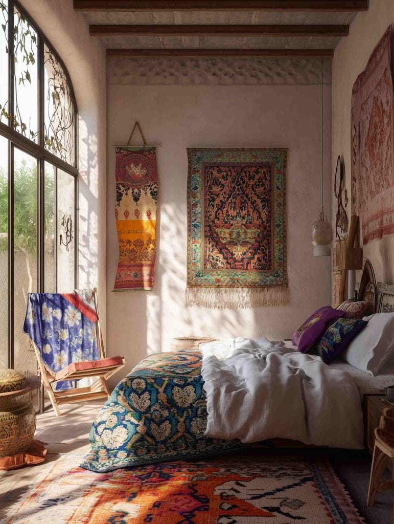 A warm and eclectic bedroom featuring an array of colorful, intricately patterned textiles. The bed is adorned with a blue and orange patterned duvet, and the room is decorated with wall tapestries in rich reds and oranges. Large arched windows allow sunlight to flood the space, creating a cozy and inviting atmosphere.