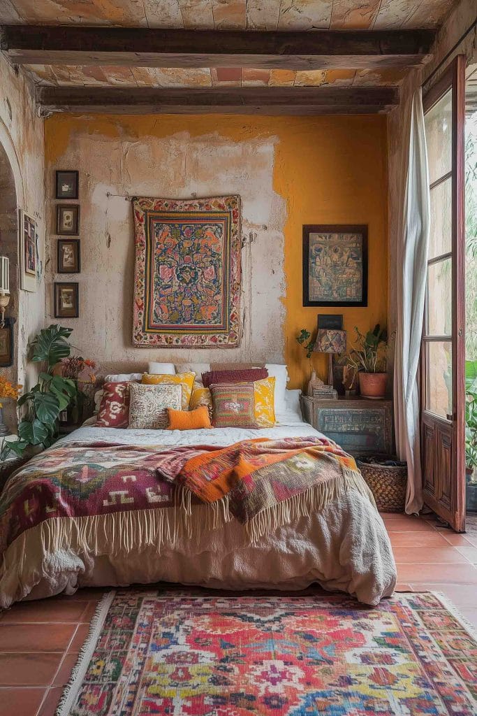 An inviting, rustic bedroom with textured walls and colorful accents. The bed is covered in layered throws and bright pillows in shades of orange, yellow and maroon. The walls are decorated with intricate textiles, and the room is bathed in soft, natural light from an open window.