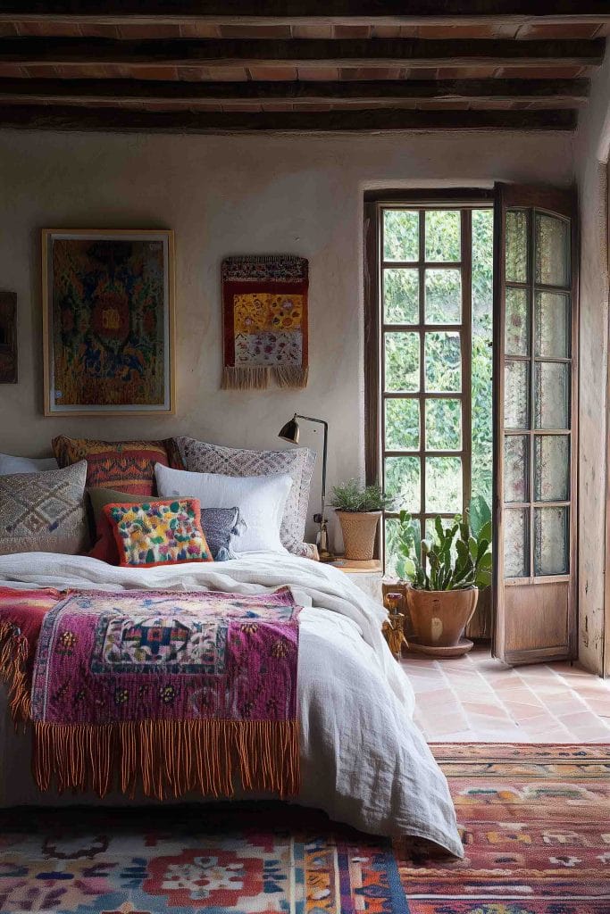 A cozy, rustic bedroom with a mix of global patterns and textiles. The bed is dressed in white linens and layered with vibrant pillows and a pink woven throw. A door opens to a small outdoor area, bringing in natural light and greenery, while the walls are adorned with framed tapestries and artwork, adding a cultural flair to the space.