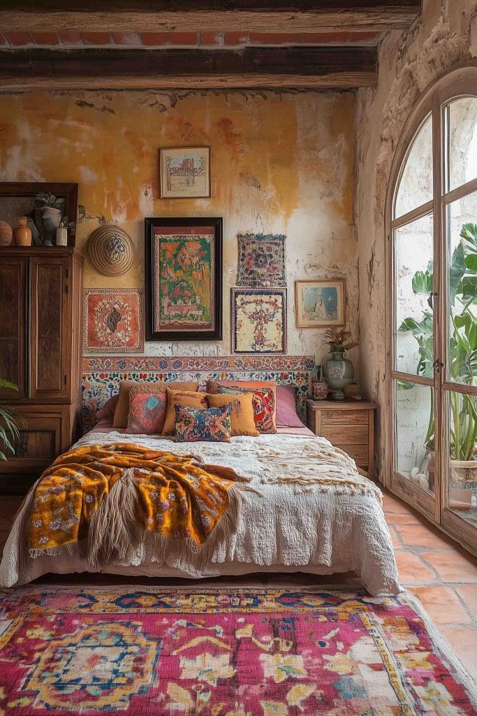 A bedroom with a vintage, artistic flair. The bed is filled with a variety of pillows and throws in earthy tones. The wall behind the bed is textured and features vibrant, framed tapestries. The sunlight filters through tall windows, adding a warm, inviting glow to the space.