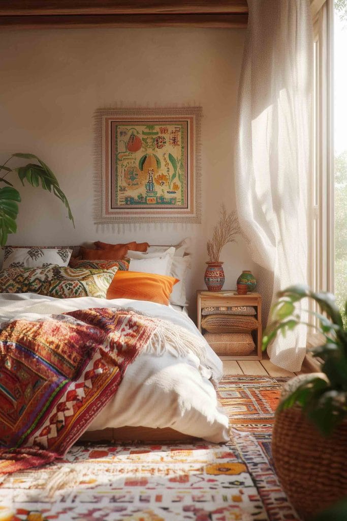 A cozy bedroom featuring vibrant, cultural textiles and artifacts. The bed is layered with colorful patterned blankets, while a framed piece of cultural artwork hangs above. Sunlight streams through the window, casting a warm glow over the earthy tones and eclectic decor.