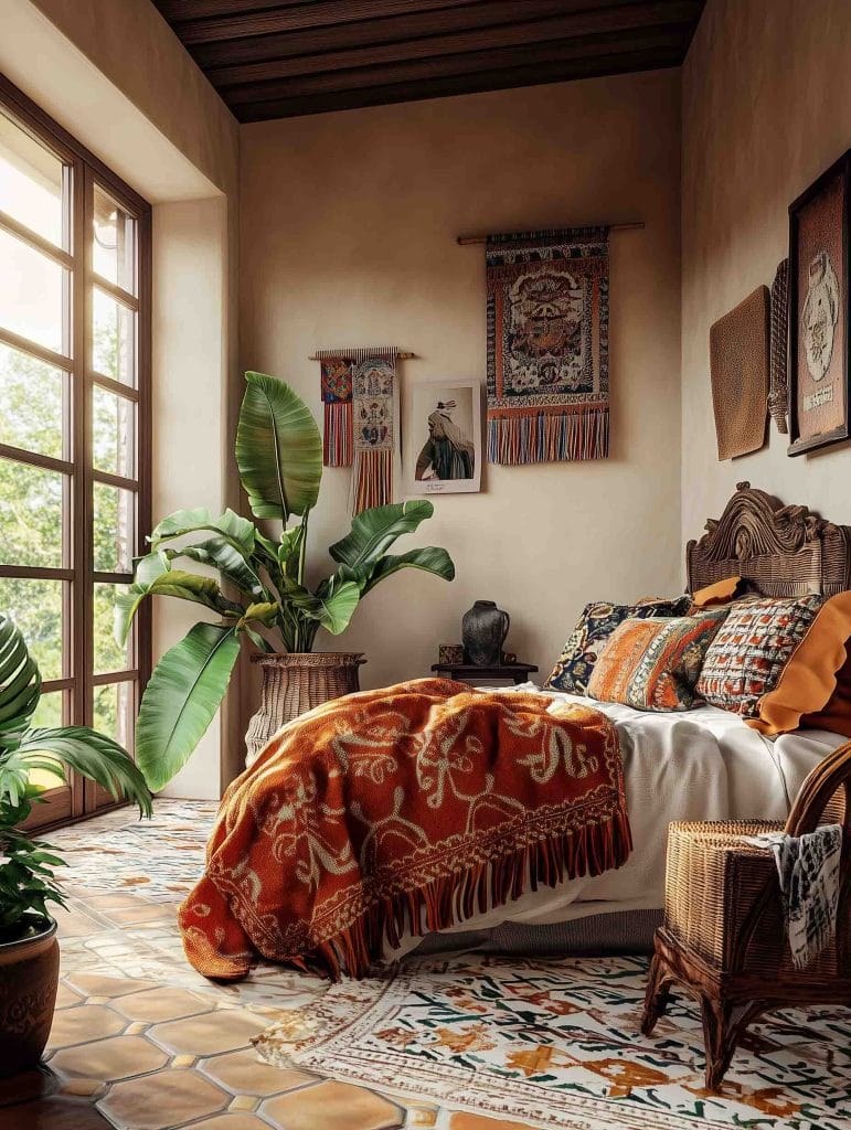 A cozy, rustic bedroom with a cultural flair. The bed features a bold orange blanket with intricate patterns, complemented by pillows in deep earthy tones. Woven tapestries and cultural artwork adorn the walls, creating an eclectic and unique space. Potted plants and natural light from a large window add life and brightness to the room.