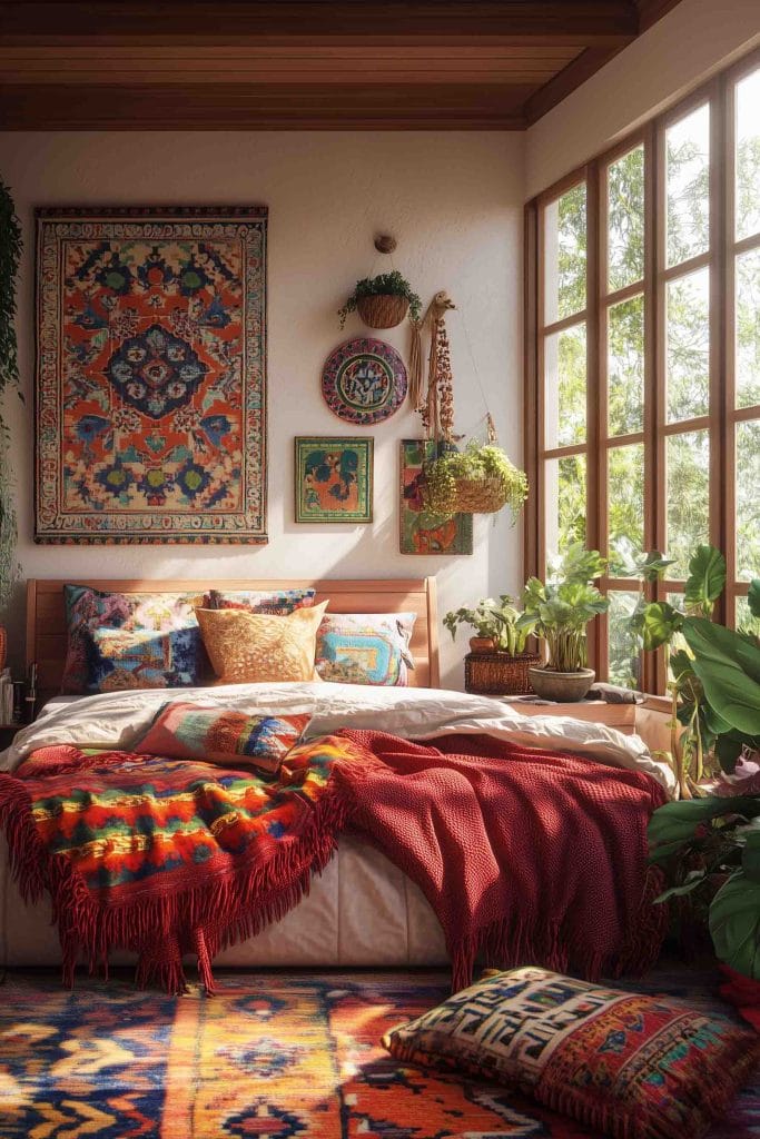 A bohemian-inspired bedroom decorated with vibrant cultural accents and handcrafted textiles. The walls are adorned with intricately designed tapestries, while the bed showcases bold patterns and rich colors. Potted plants add an organic touch, complementing the cozy, inviting atmosphere.