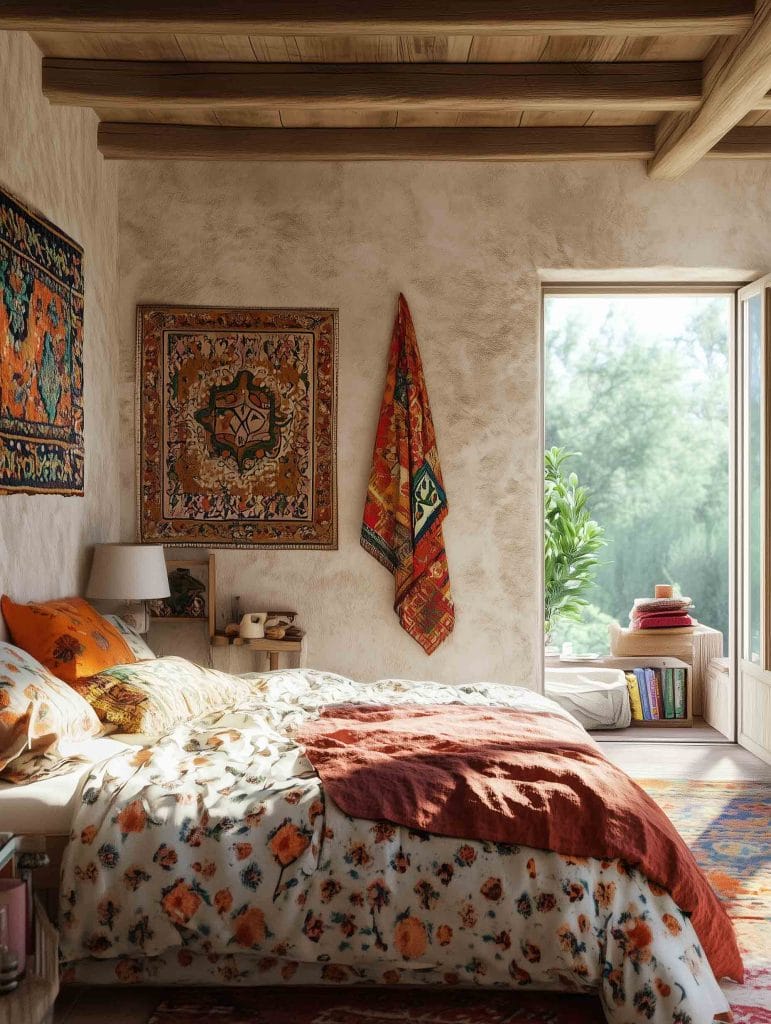 A serene and artistic bedroom with a large tapestry on the wall behind the bed, alongside other vibrant wall hangings. The bedding features floral prints and warm tones of orange and red, adding to the bohemian feel. An open door leads to an outdoor space, bringing natural light and greenery into the room, enhancing the connection between indoor and outdoor living.