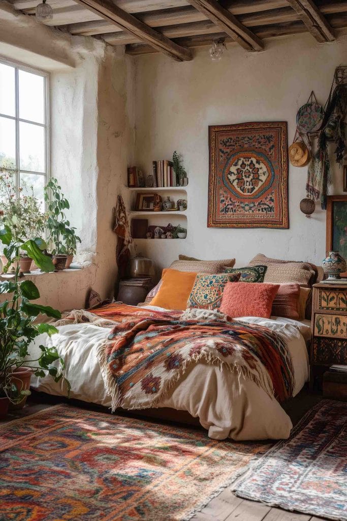 A rustic bedroom filled with eclectic cultural decor. A tapestry dominates the wall above the bed, while richly colored blankets and pillows bring warmth and character to the space. The natural wood elements and handmade artifacts complete the cozy, earthy design.