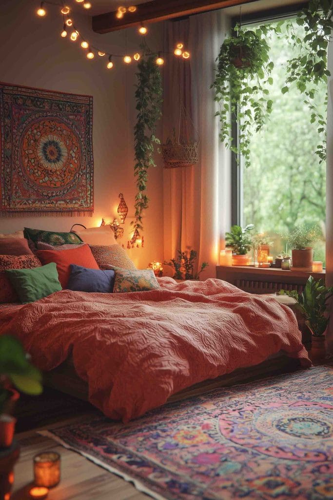 A vibrant and eclectic bedroom illuminated by soft lighting. The space features lush greenery, hanging lights, and a colorful mandala-style tapestry on the wall. The bed is layered with textured blankets and pillows, creating a cozy, bohemian retreat filled with cultural accents and artifacts.