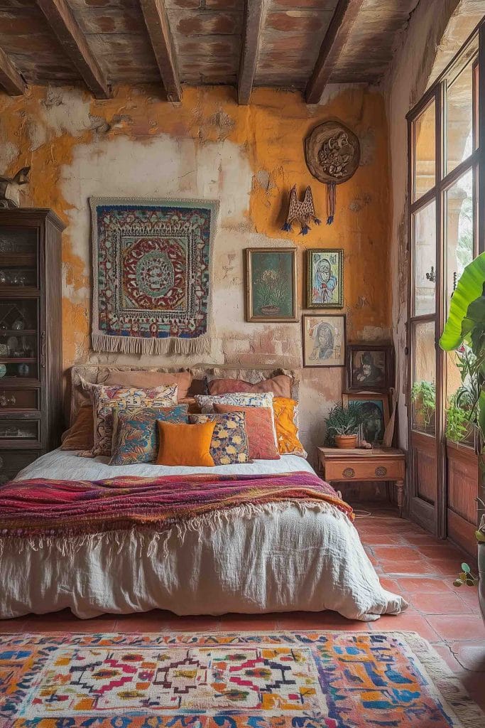 A rustic, bohemian-style bedroom with a mix of colorful textiles. The walls are textured with an aged, weathered look, complemented by an array of framed artwork and woven tapestries. The bed is dressed with patterned pillows in mustard, blue, and orange, while a woven rug on the floor ties the design together. Sunlight streams through a nearby window, giving the room a warm and inviting glow.