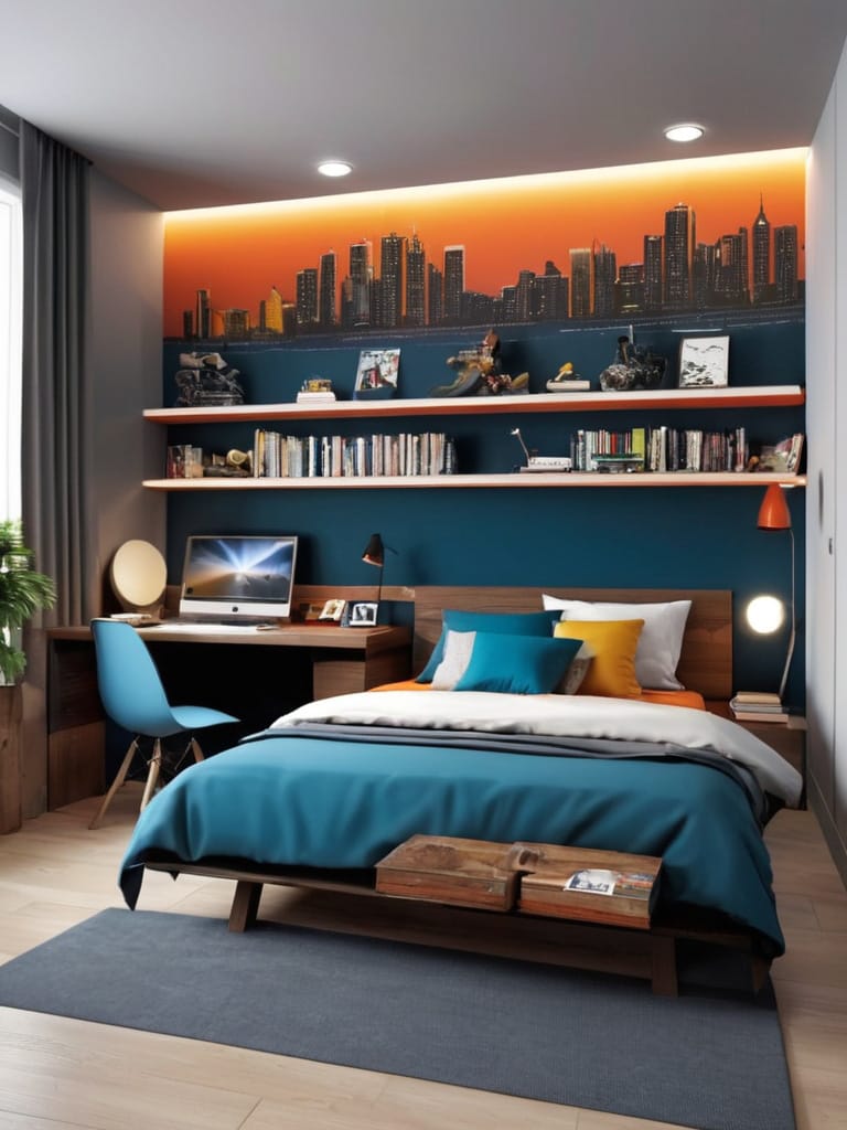 A teen boy’s room with a city skyline mural, teal and orange accents, and modern furniture for an urban-inspired design.