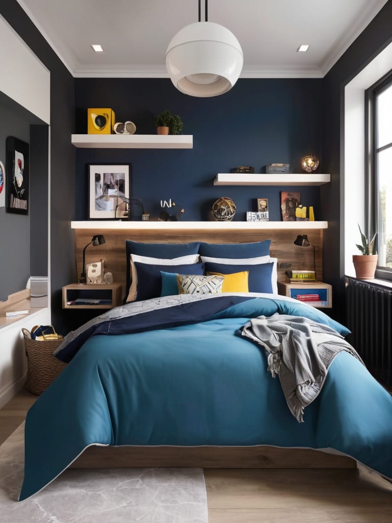 A teen boy’s room with minimalist decor, modern furniture, and a cohesive color palette for a sophisticated and organized look.