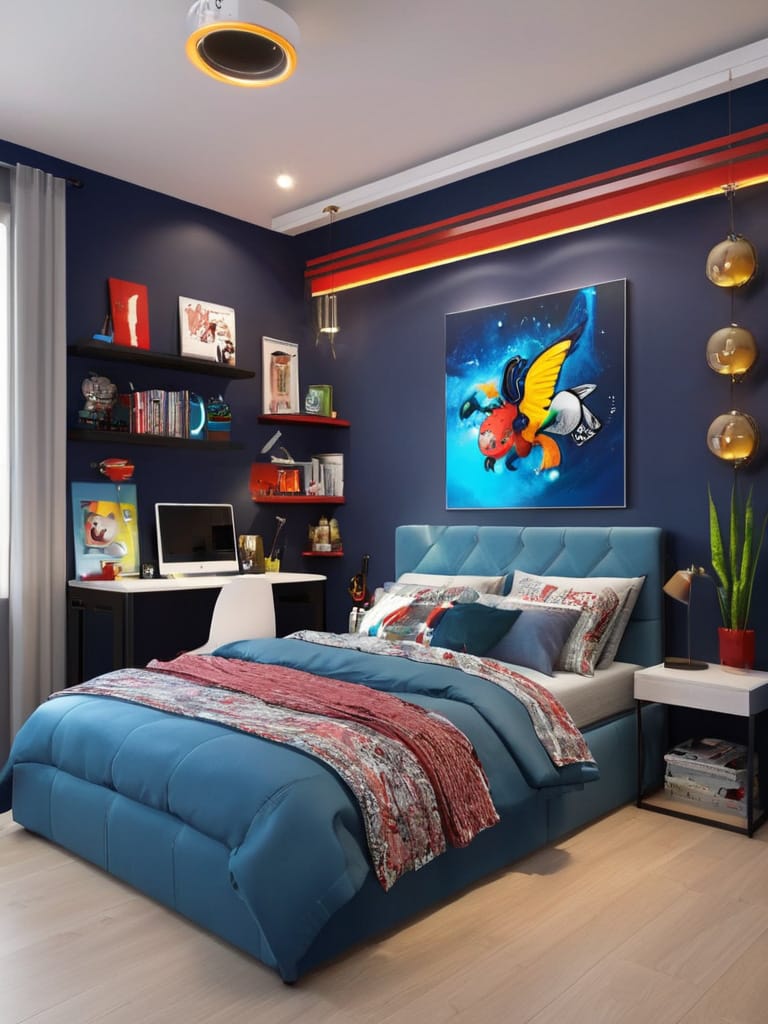 A teen boy’s room with bold blue and red colors, unique artwork, and playful decor creating a vibrant and artistic atmosphere.