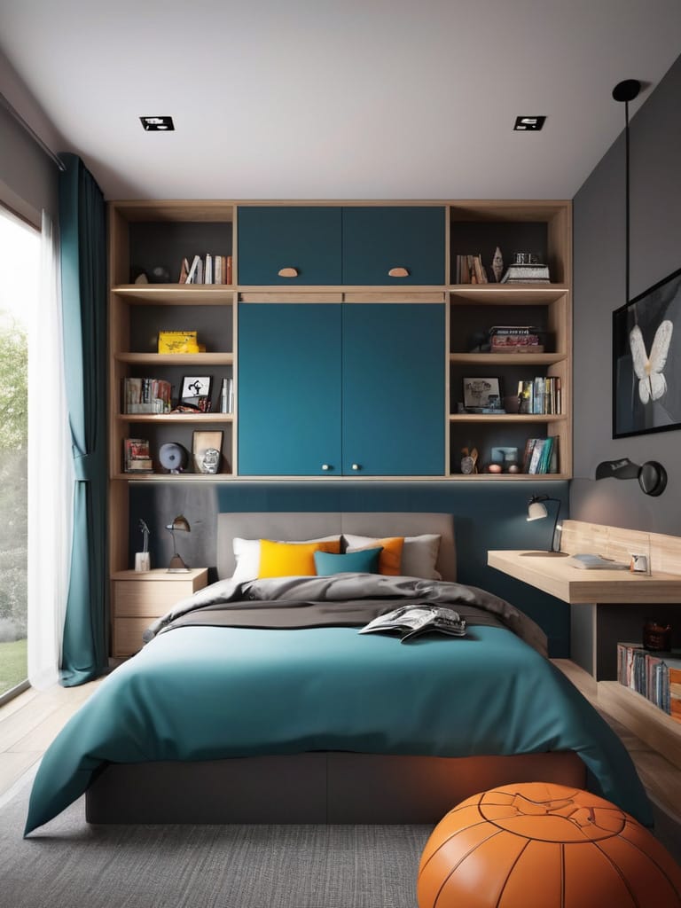 A teen boy’s room with integrated storage, study space, and a teal and wood color scheme creating a modern and functional environment.