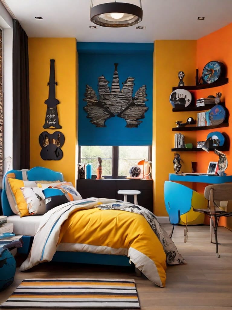 A teen boy’s room with bold yellow, blue, and orange colors, playful decor, and creative shelving for an energetic vibe.