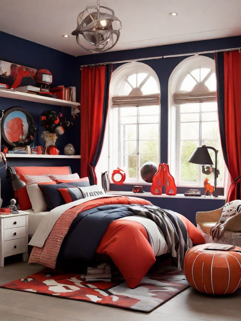 A teen boy’s room with a red and navy blue color scheme, modern decor, and unique lighting for a striking contrast.