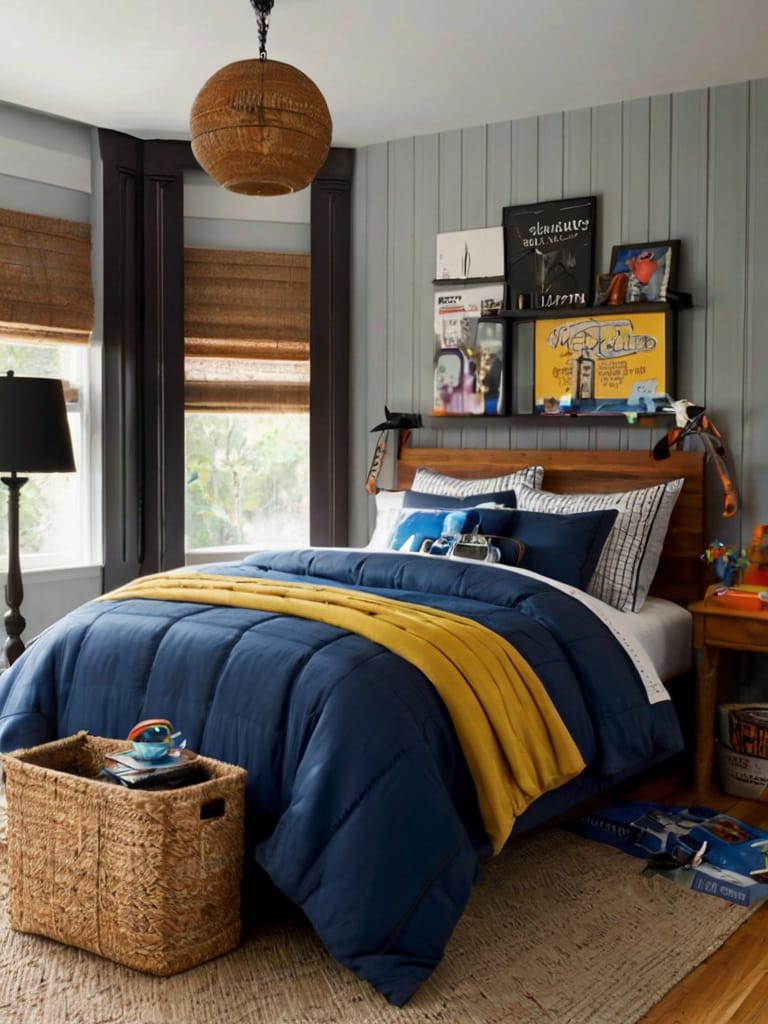 A teen boy’s room with rustic decor, navy and mustard yellow bedding, and natural materials creating a cozy atmosphere.