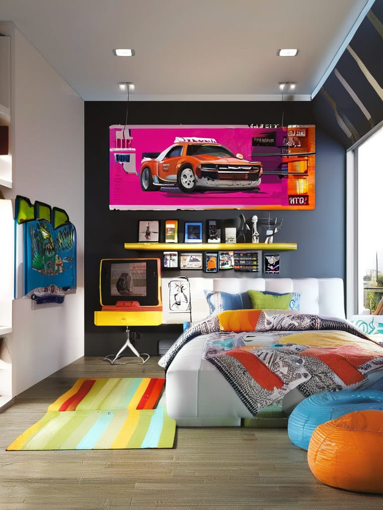 A teen boy’s room with a race car mural, vibrant colors, and playful decor creating an exciting space for a car enthusiast.