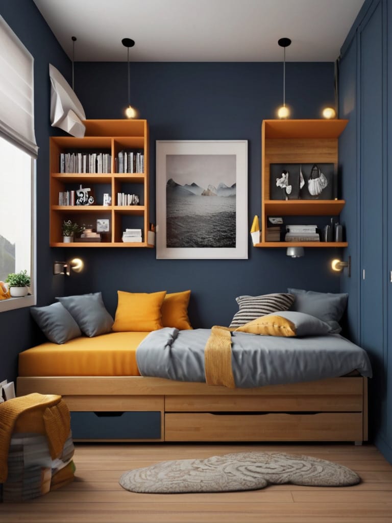 A teen boy’s room with a compact bed nook, built-in storage, and a combination of deep blue and warm wood tones creating a cozy atmosphere.