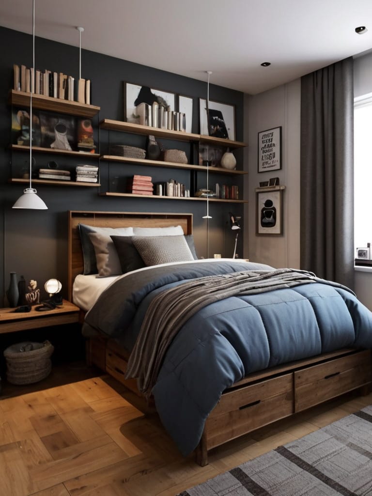 A teen boy’s room with a rustic-industrial design, dark wood furniture, and shelves filled with books and decor for a cozy, personalized feel.