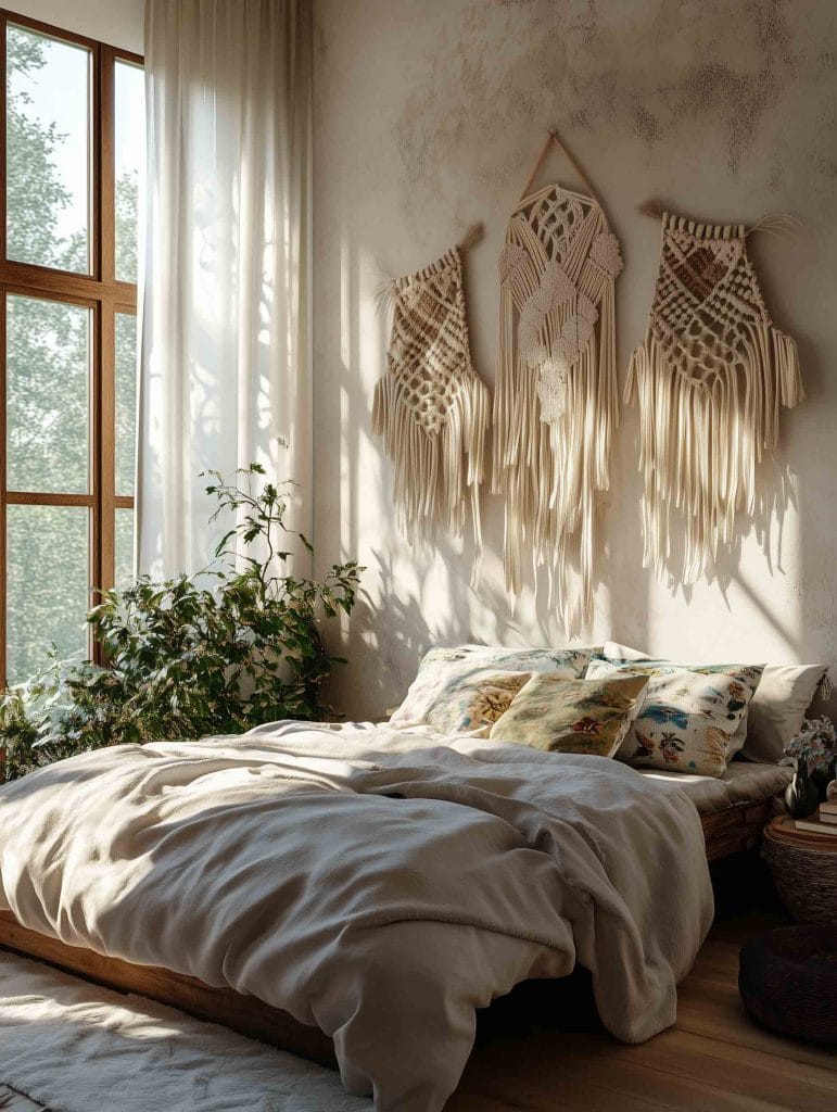 A serene, bohemian bedroom with a soft, neutral color palette. Macrame wall hangings in cream tones are displayed above the bed, complementing the light, airy curtains that frame a large window. The bed is dressed in soft white linens with botanical-themed pillows, while potted plants add a touch of nature to the calming space.