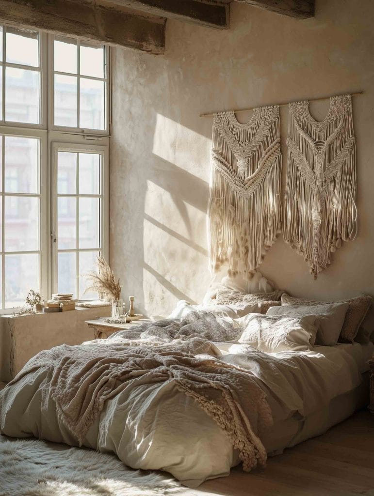 A bright, airy bedroom with a neutral color palette, featuring a large bed covered in textured linens and blankets. Two distinct macramé wall hangings adorn the wall, and the room is bathed in warm sunlight from large windows.