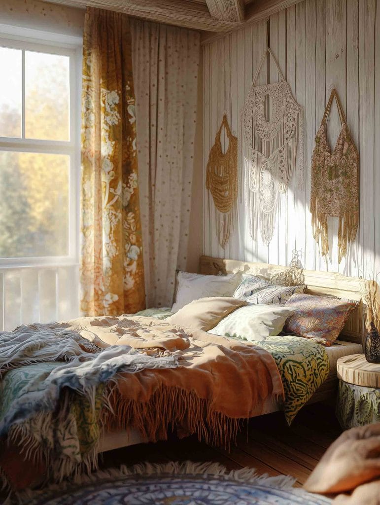 A bohemian-style bedroom with warm sunlight filtering through a large window, casting a golden glow. The room features a bed dressed in vibrant, colorful blankets and pillows with floral and abstract patterns. Delicate macrame wall hangings adorn the wooden walls, while patterned curtains and soft textiles complete the cozy and eclectic look.