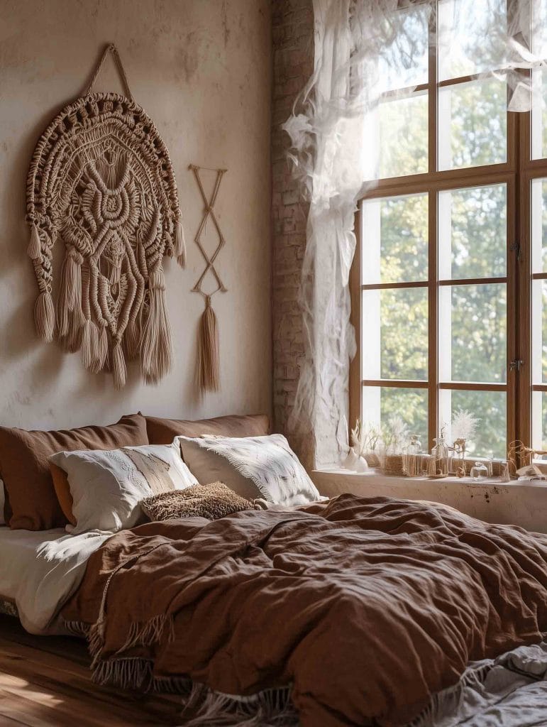 A bohemian-inspired bedroom with a rich, earth-toned color scheme. The bed is covered in a chocolate brown duvet, complemented by various textured pillows. An elaborate macramé wall hanging and several bohemian decor items add character to the room, which is illuminated by natural light from a large window.