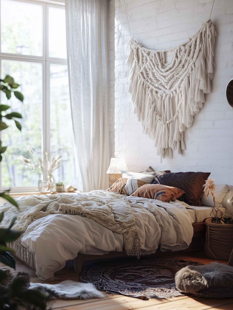 A bohemian-inspired bedroom with a large, detailed macrame wall hanging above the bed. The bed is layered with soft cream-colored linens and blankets, offering a cozy and inviting feel. Natural light from the floor-to-ceiling windows floods the room, highlighting the earthy tones and textured decor elements, creating a serene and tranquil environment.