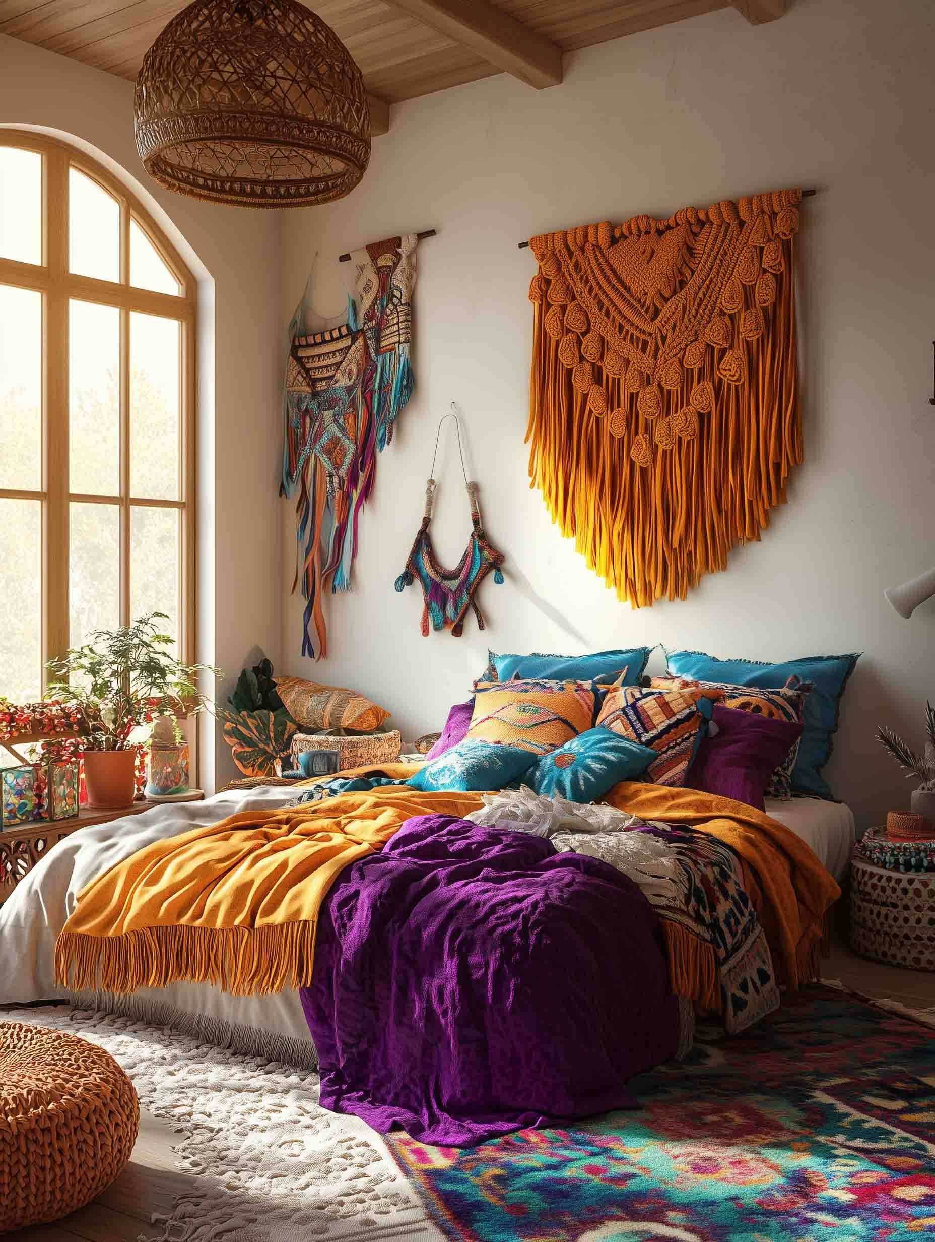 A bright, eclectic bedroom with colorful macramé wall hangings and a bed layered with vibrant pillows and throws in purple, orange, and blue tones. A large window lets in warm sunlight, enhancing the bohemian and artistic vibe of the room.