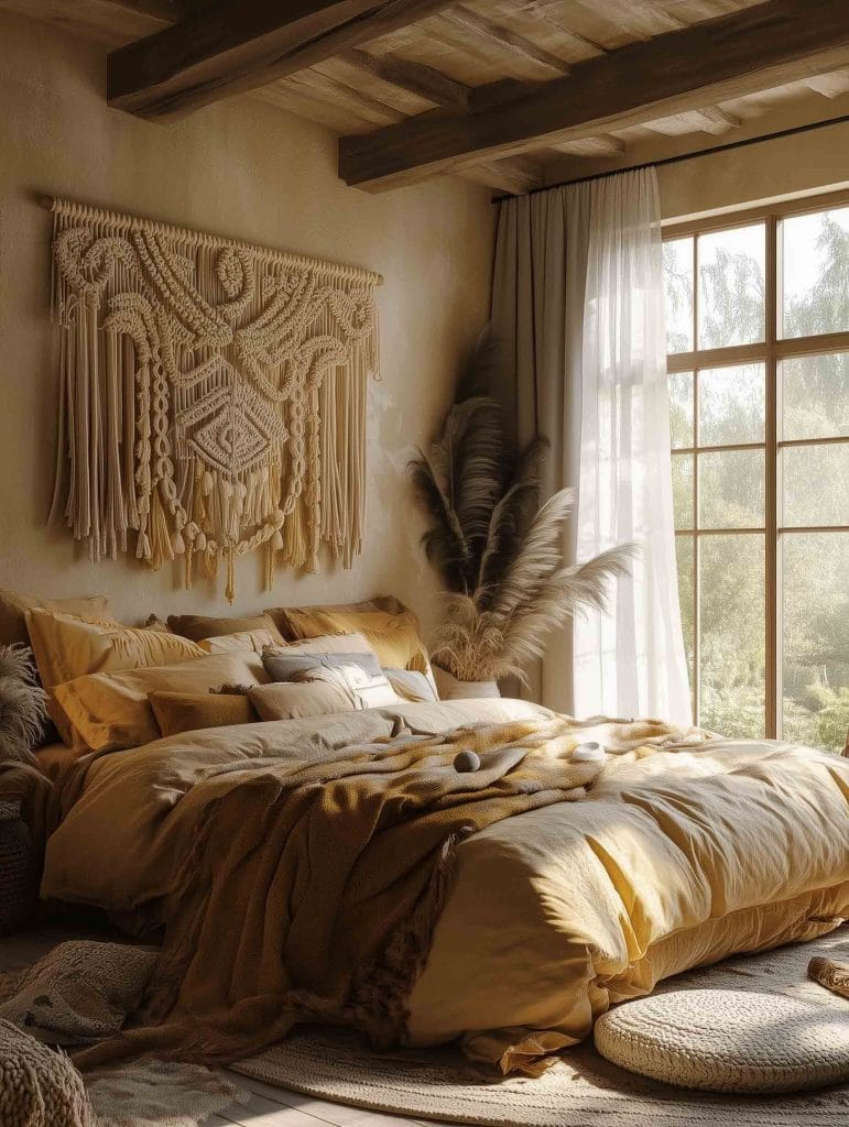 A bohemian bedroom with a warm, golden color palette. The bed is dressed in mustard yellow and soft beige linens, creating a cozy and inviting atmosphere. A large, detailed macrame wall hanging above the bed adds texture and character to the space. Sunlight streams through a nearby window, and pampas grass in the corner completes the bohemian aesthetic.