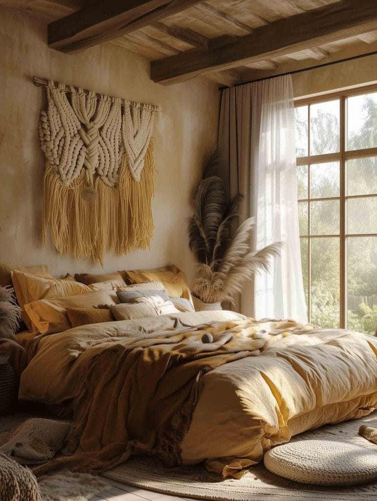 A cozy bedroom with earth-toned bedding, featuring soft gold and beige throws. A large, intricate macramé wall hanging decorates the space, and natural light from a large window bathes the room in a golden glow.