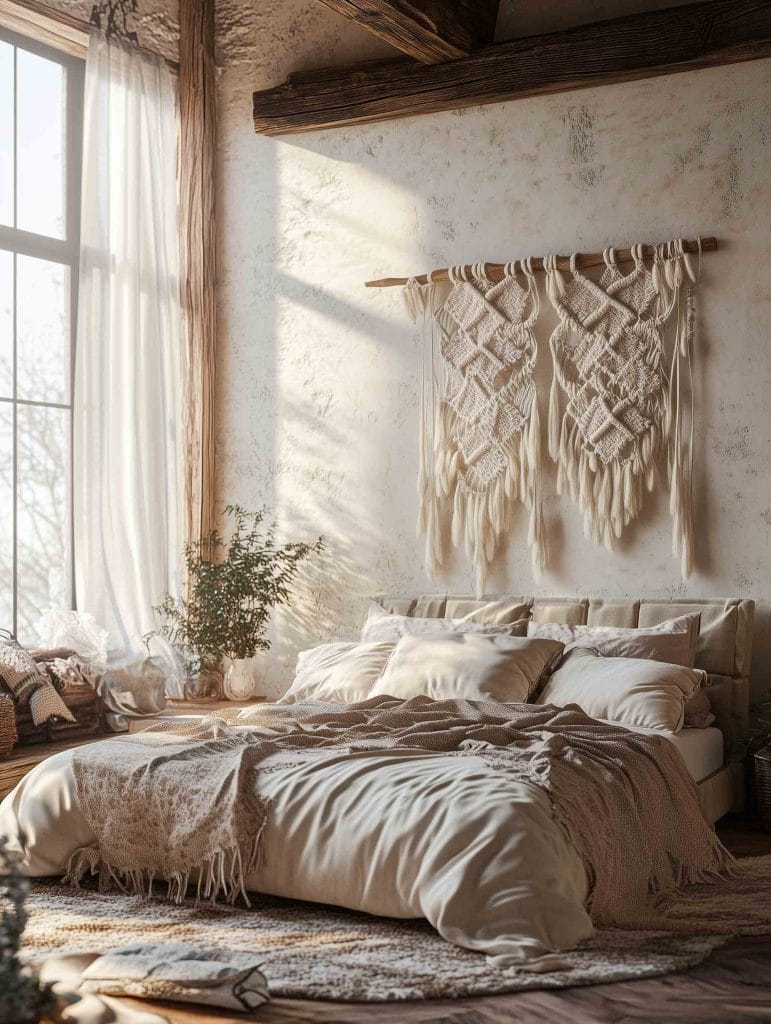 A bright, cozy bedroom with a soft bohemian touch. The bed is dressed in creamy white linens and beige throws, with a large, intricate macrame wall hanging above the headboard. Natural light pours through a large window, illuminating a vase of pampas grass and enhancing the room's calming, earthy atmosphere.