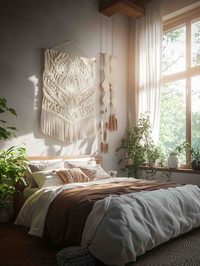 A serene, nature-inspired bedroom with a bohemian aesthetic. The bed is dressed in neutral and earthy tones, while an oversized cream-colored macramé wall hanging and woven hanging pieces complement the lush indoor plants. Soft sunlight streams in from the window.