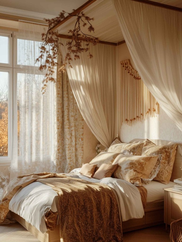 A luxurious bohemian bedroom featuring a canopy bed adorned with cream-colored drapes and golden textiles. Decorative branches hang from the ceiling, adding an organic touch to the space. A delicate macrame wall hanging enhances the warm and rich tones of the bedding, creating a cozy and opulent atmosphere with sunlight streaming in from the large windows.