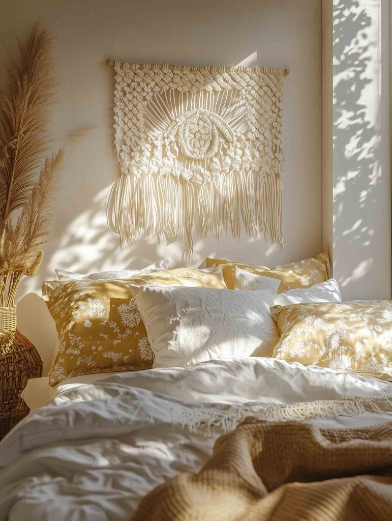 A serene, sun-drenched bedroom with minimalist decor. The bed features crisp white and yellow floral-patterned bedding, while a beige macrame wall hanging serves as the focal point above the bed. The sunlight casts soft shadows on the wall, enhancing the tranquil ambiance.