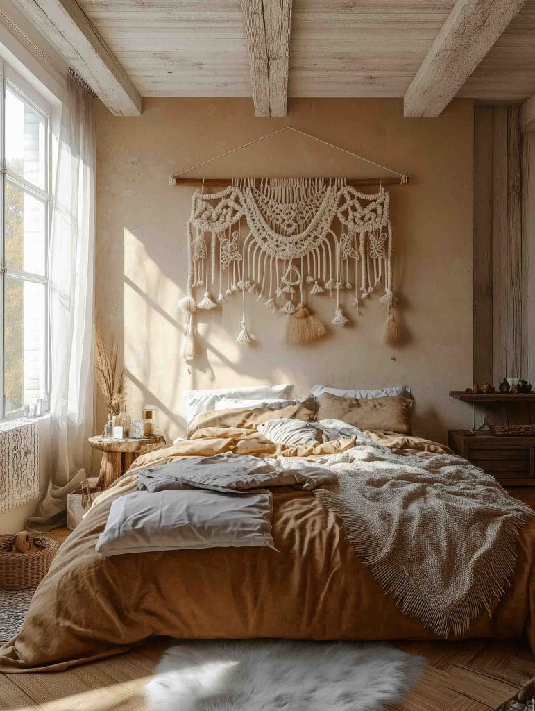 A rustic bedroom with a soft, warm color palette, featuring beige and brown bedding with a large, intricate macramé wall hanging above the bed. Sunlight filters through the window, creating a tranquil and relaxed ambiance in the room.