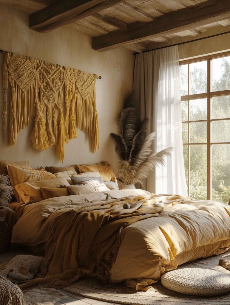 A serene bohemian bedroom in warm mustard tones. The bed is layered with soft linens and blankets in golden hues, and an elaborate macrame wall hanging serves as the focal point above the bed. The room is bathed in warm natural light from a large window, with pampas grass in a vase adding texture to the earthy, cozy space.