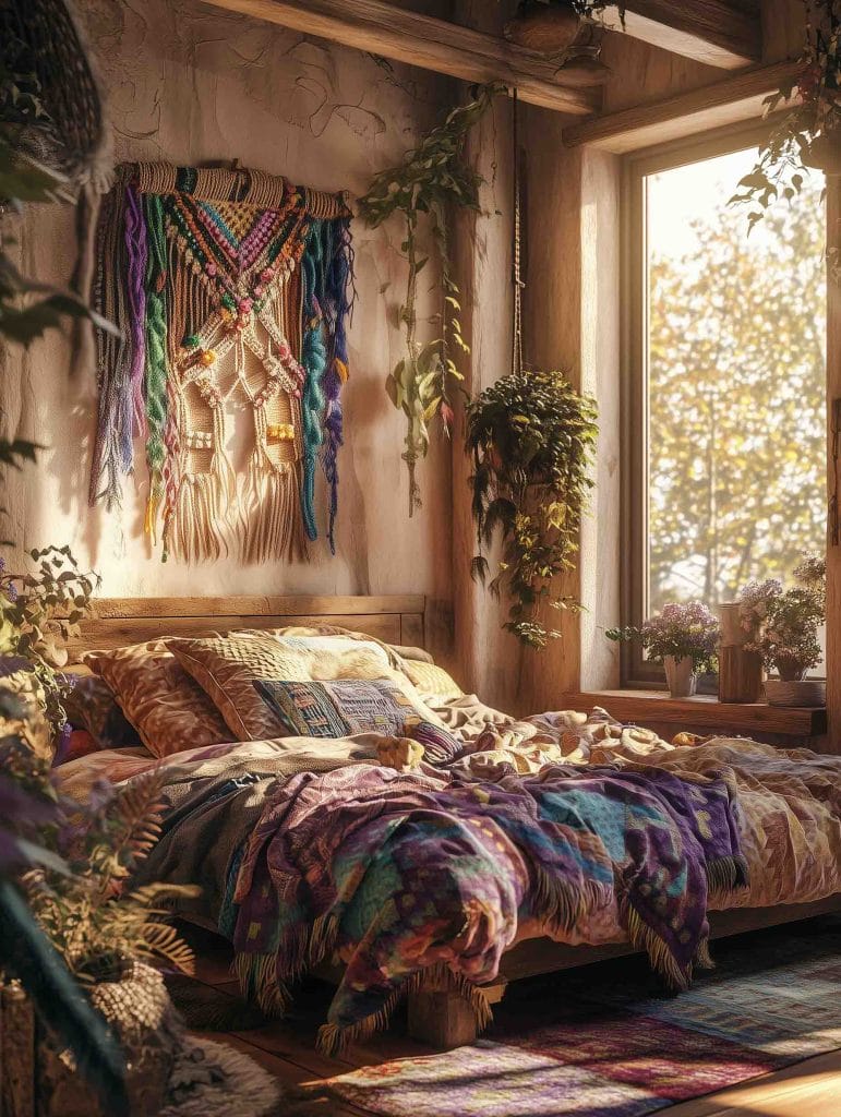 A warm and inviting bedroom with wooden beams and earthy textures. The bed is adorned with patterned blankets and cushions, and a colorful macramé wall hanging adds a burst of creativity. Plants and natural sunlight enhance the room's cozy, bohemian vibe.